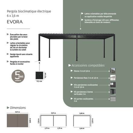 Pergola bioclimatique électrique EVORA Graphite 6 x 3,6 m - Structure et lames doubles en aluminium