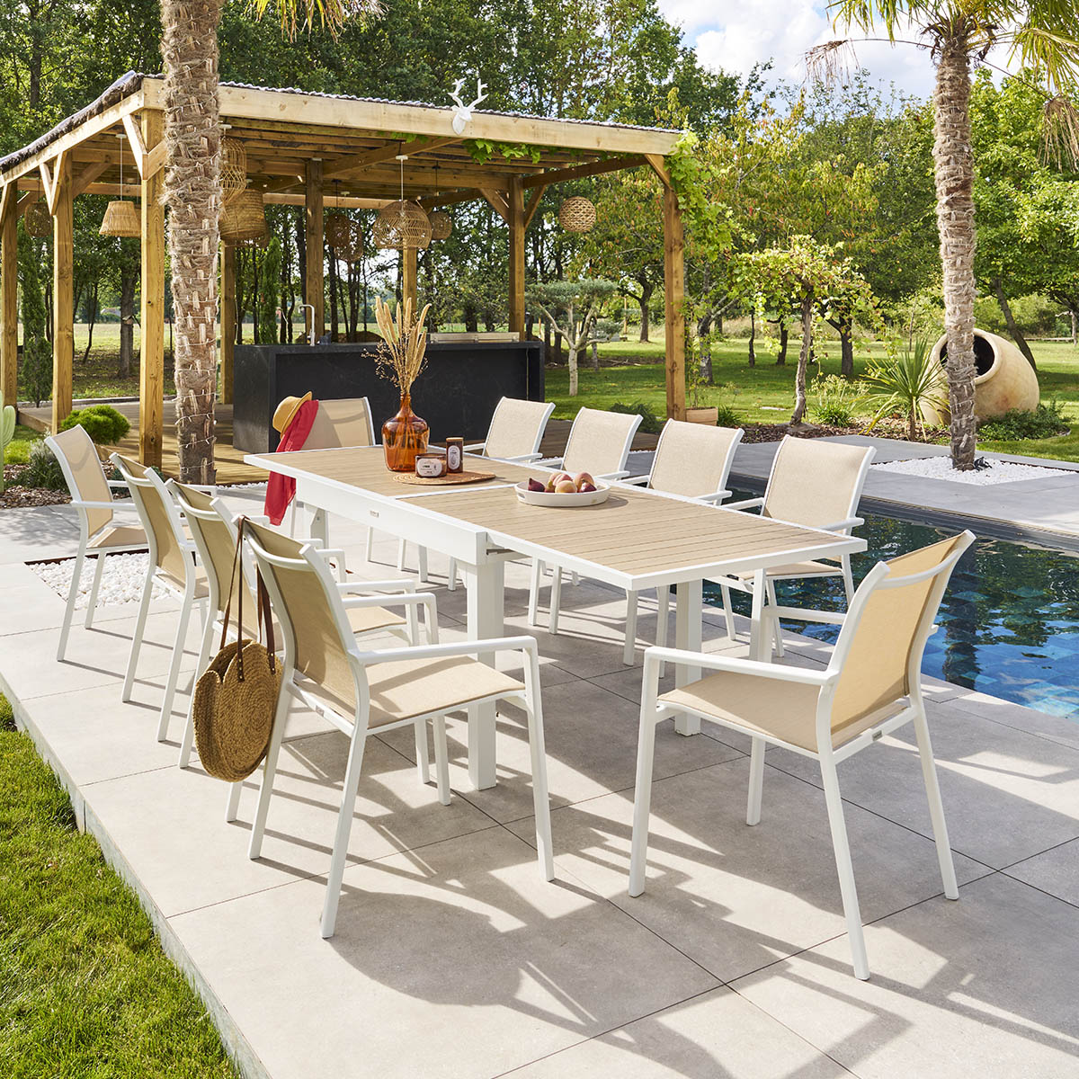 Table de jardin extensible PIAZZA Lin & Blanc 10 places - Aluminium traité époxy Lin / Blanc