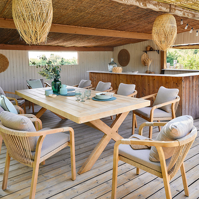 Fauteuil De Jardin Papouasie Hespéride - Structure Acacia, Coussins Taupe Déperlants - Dimensions 58x66x76 Cm