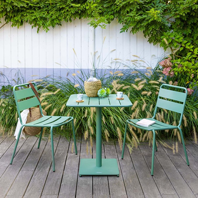 Ensemble table de jardin carrée + 2 chaises PHUKET Vert olive 2 places - Acier traité époxy Vert olive