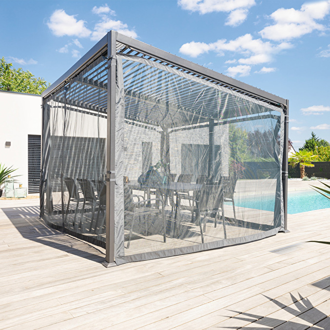 Pergola AVILA Graphite + 1 kit de moustiquaire 4 x 3 m - Aluminium traité époxy, Acier galvanisé Graphite