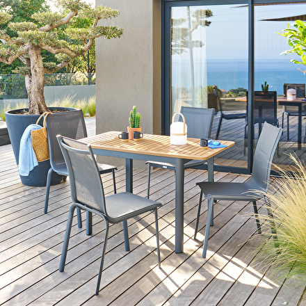 Set De Jardin Extensible Sunny - Table + 8 Chaises Empilables, Aluminium, Tissu Polyester, Gris/noir