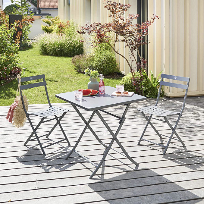 Ensemble table de jardin + 2 chaises GREENSBORO Roland-Garros Gris quartz 2 places - Acier traité époxy, Traitement antirouille renforcé Gris quartz