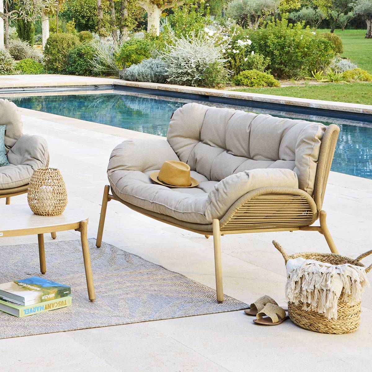 Canapé de jardin MELOANE Beige 2 places - Acier traité époxy, Polyester Beige