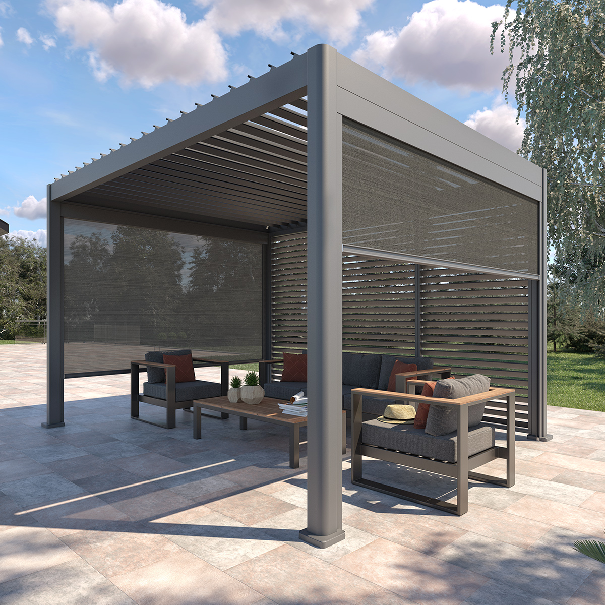Pergola bioclimatique EVORA Graphite 4 x 3 m - Structure et lames doubles en aluminium Graphite