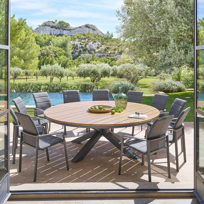Table de jardin ronde ORACLION effet bois Noix & Graphite 12 places - Aluminium traité époxy Effet bois noix / Graphite