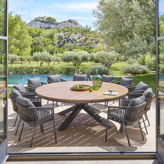 Table de jardin ronde ORACLION effet bois Noix & Graphite 12 places - Aluminium traité époxy Effet bois noix / Graphite