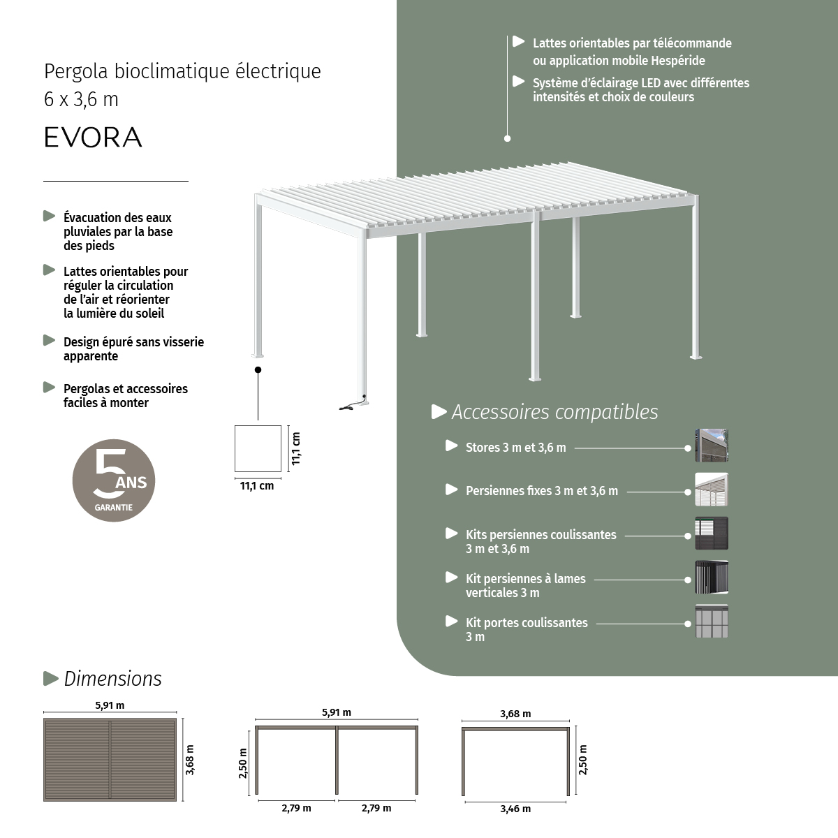 Pergola bioclimatique électrique EVORA Blanc 6 x 3,6 m - Structure et lames doubles en aluminium Blanc