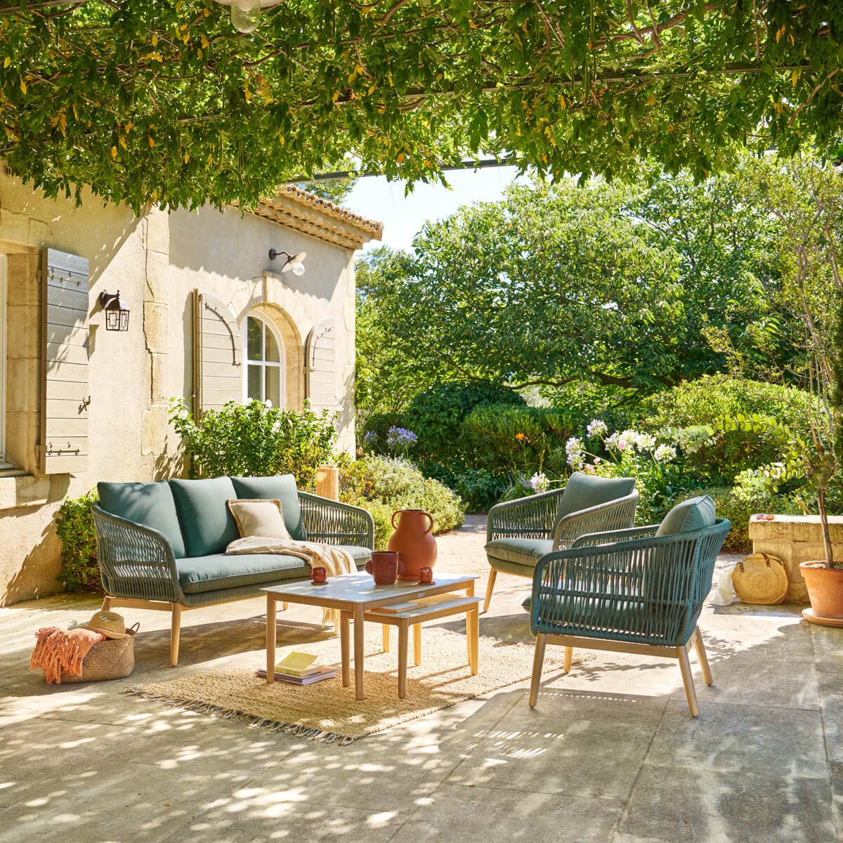 Salon de jardin ORISSA Vert olive 5 places - Polyester, Acier traité époxy Vert olive