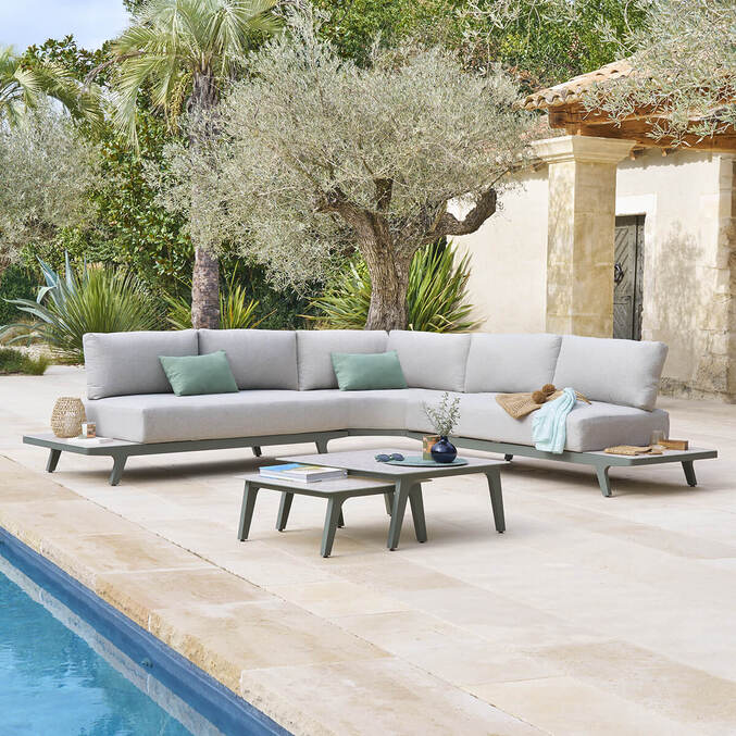 Salon de jardin PULPY Vert laurier 7 places - Aluminium traité époxy, Polyester Vert laurier