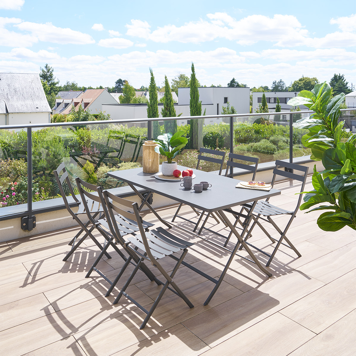 Ensemble table de jardin rectangle + 6 chaises empilables GREENSBORO Graphite 6 places - Acier traité époxy, Traitement antirouille renforcé Graphite