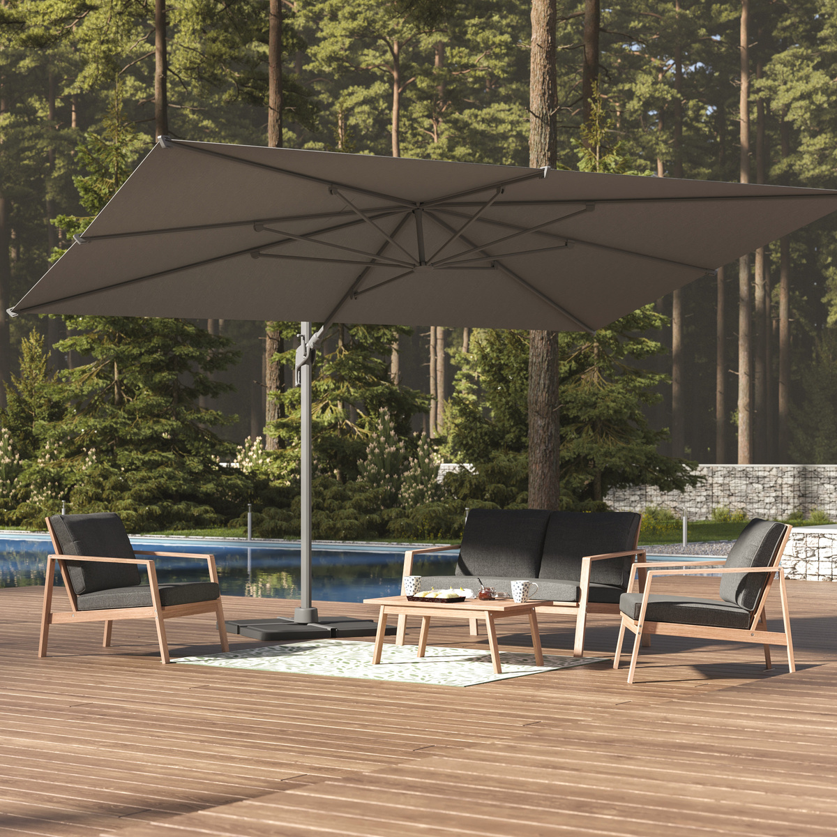 Parasol déporté rectangulaire MELHIA Anthracite + 4 dalles de parasol STACIO 4 x 3 m - Aluminium traité époxy, Acier, Oléfine Anthracite