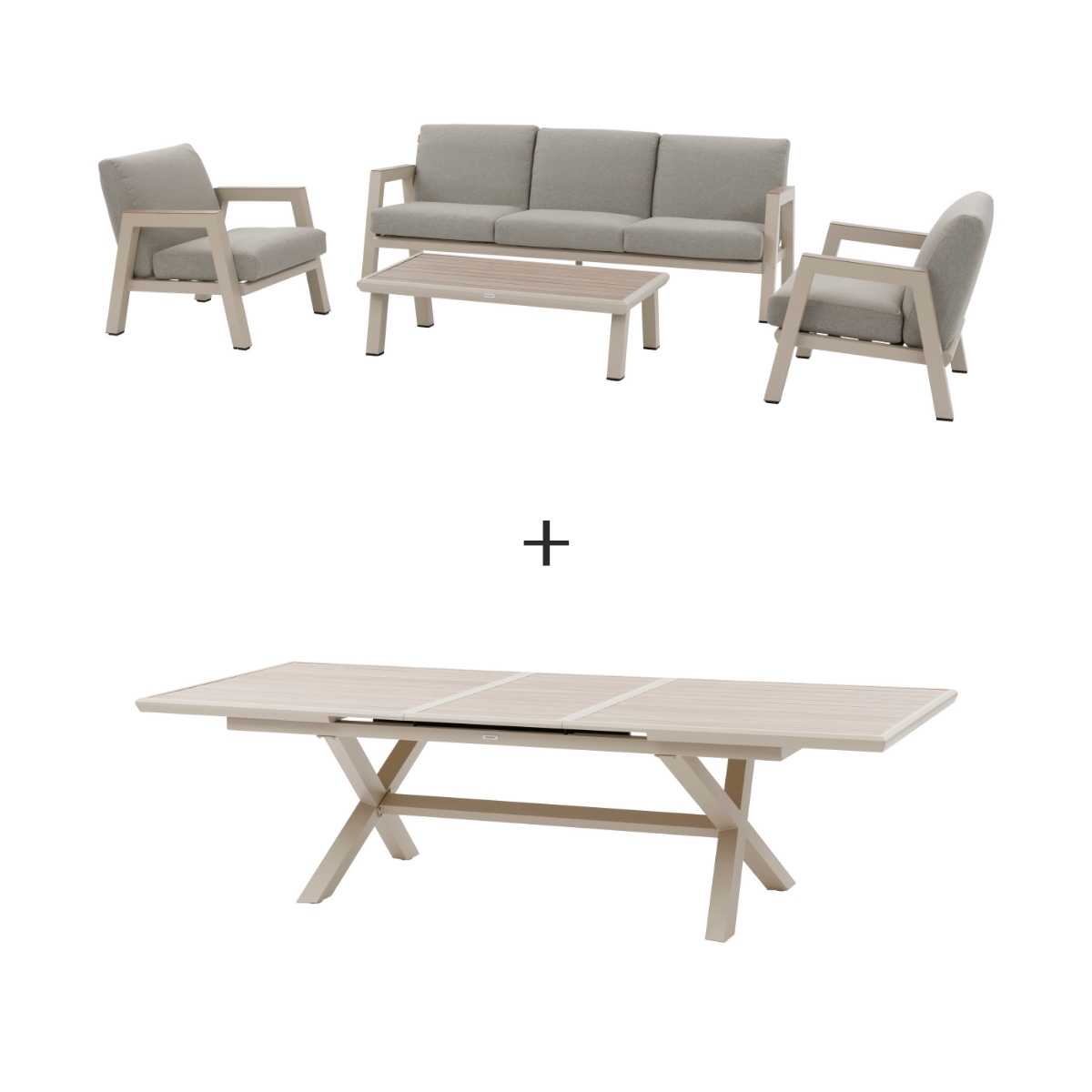 Salon de jardin + 1 table de jardin extensible AXIOME  Beige et Argile 1 salon 5 places et 1 table de jardin extensible 10 places Beige / Argile