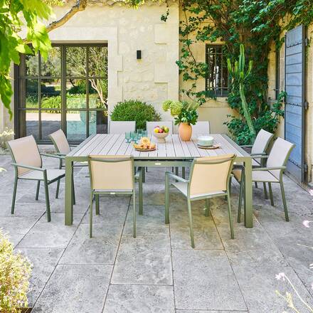 Table de jardin extensible rectangulaire ÉVASION Lin / Vert laurier 10 places - Aluminium traité époxy