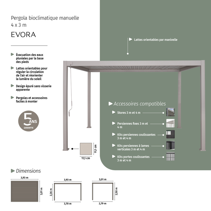 Pergola bioclimatique EVORA Argile 4 x 3 m - Structure et lames doubles en aluminium3704