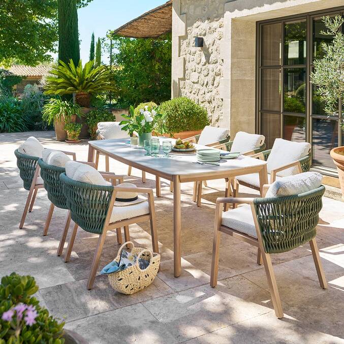 Table de jardin rectangulaire NELORA Beige ficelle / Honey 8 places - Aluminium traité époxy, Pierre frittée3846