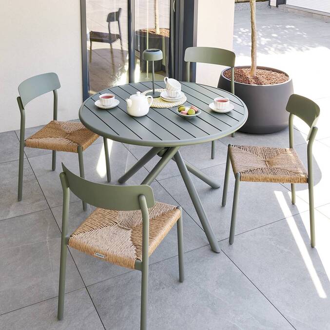Table de jardin rond NEBULLIA Vert laurier 4 places - Aluminium traité époxy, Traitement anti-rouille renforcé3795
