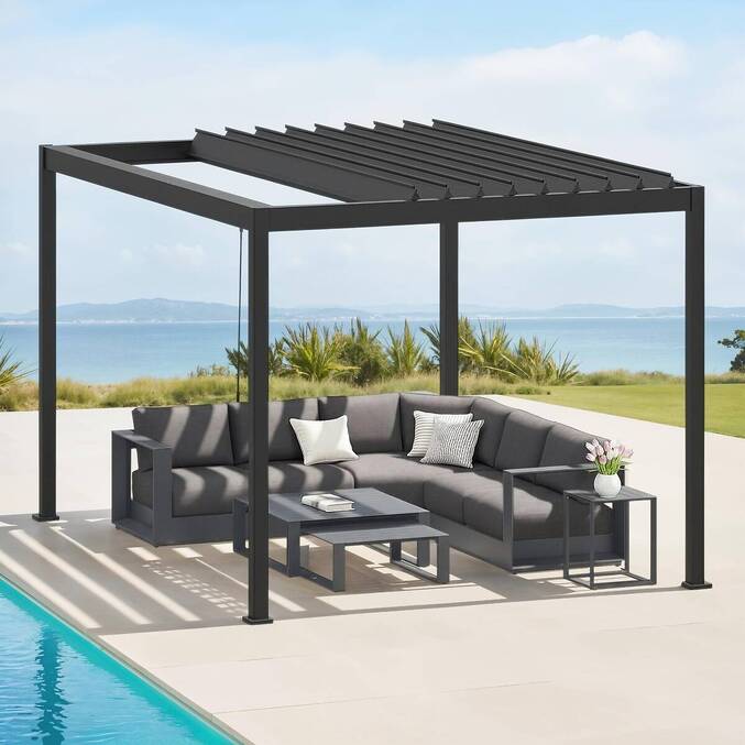 Pergola bioclimatique rétractable EVORA Gris 4 x 3 m - Structure et lames doubles en aluminium3500