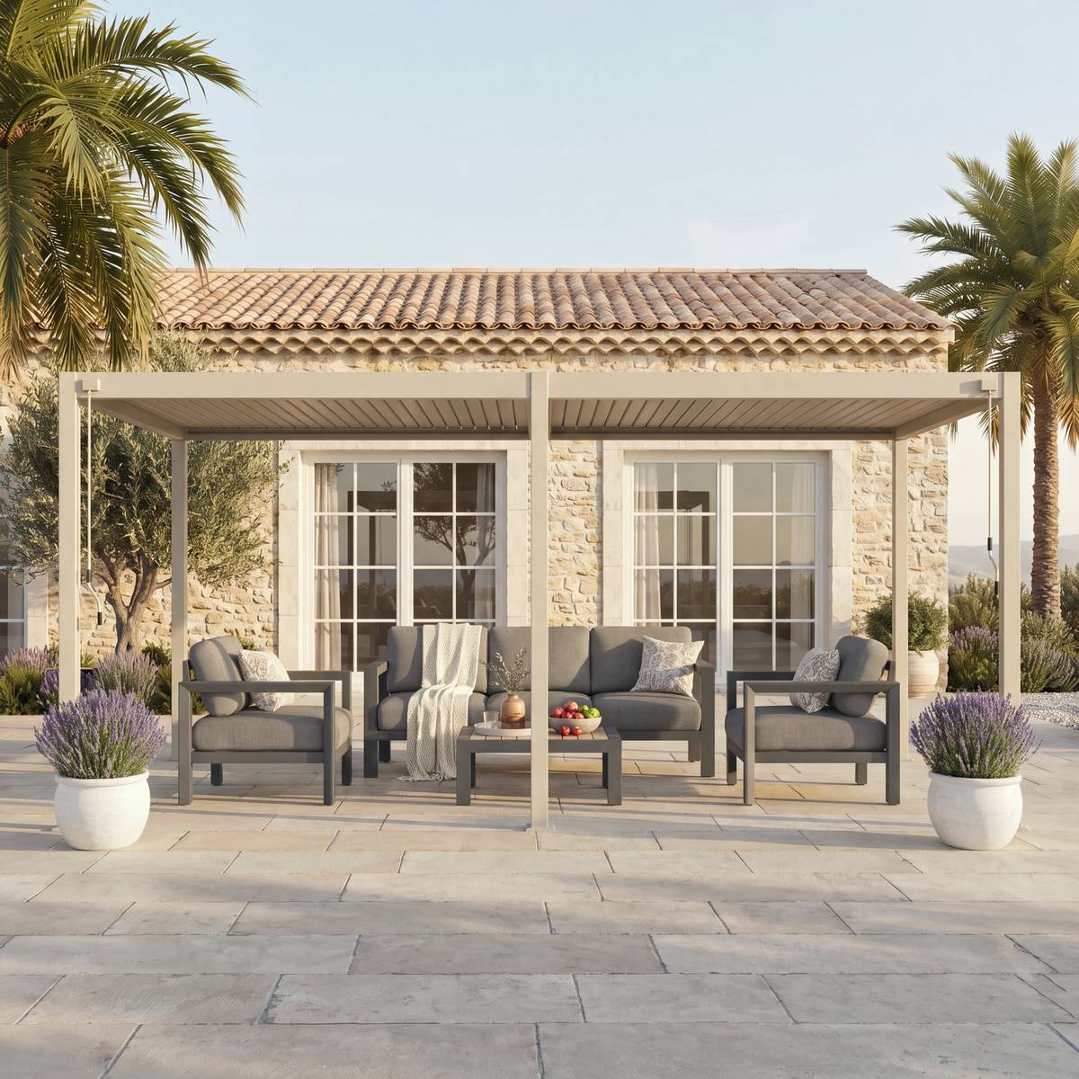 Pergola bioclimatique autoportante EVORA Argile 6 x 3 m - Structure et lames doubles en aluminium Argile
