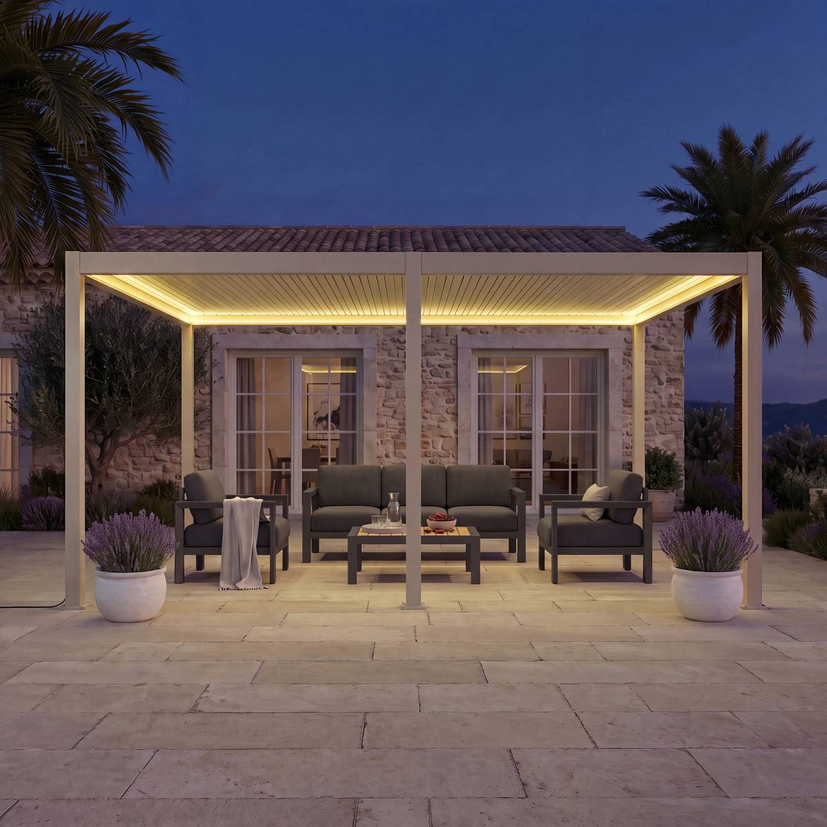 Pergola bioclimatique électrique EVORA Argile 6 x 3 m - Structure et lames doubles en aluminium Argile