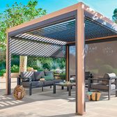 Pergola bioclimatique manuelle EVORA Honey 4 x 3 m - Structure et lames doubles en aluminium Effet bois Honey