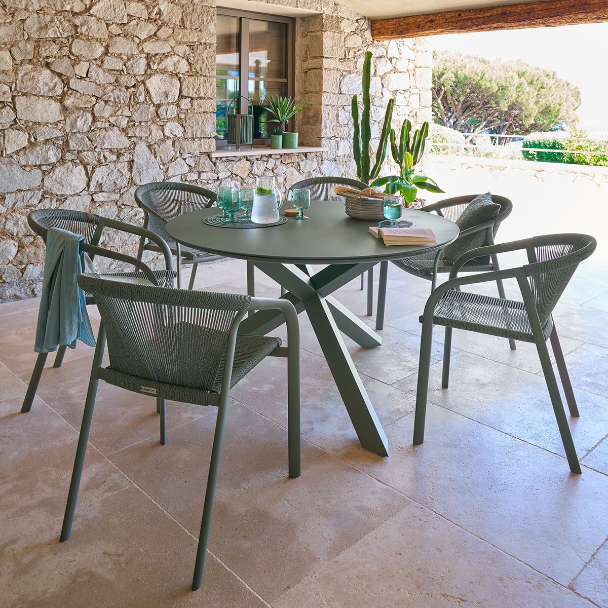 Ensemble table de jardin ORYON + 6 fauteuils RIU Laurier 6 places - Aluminium traité époxy, Verre Laurier