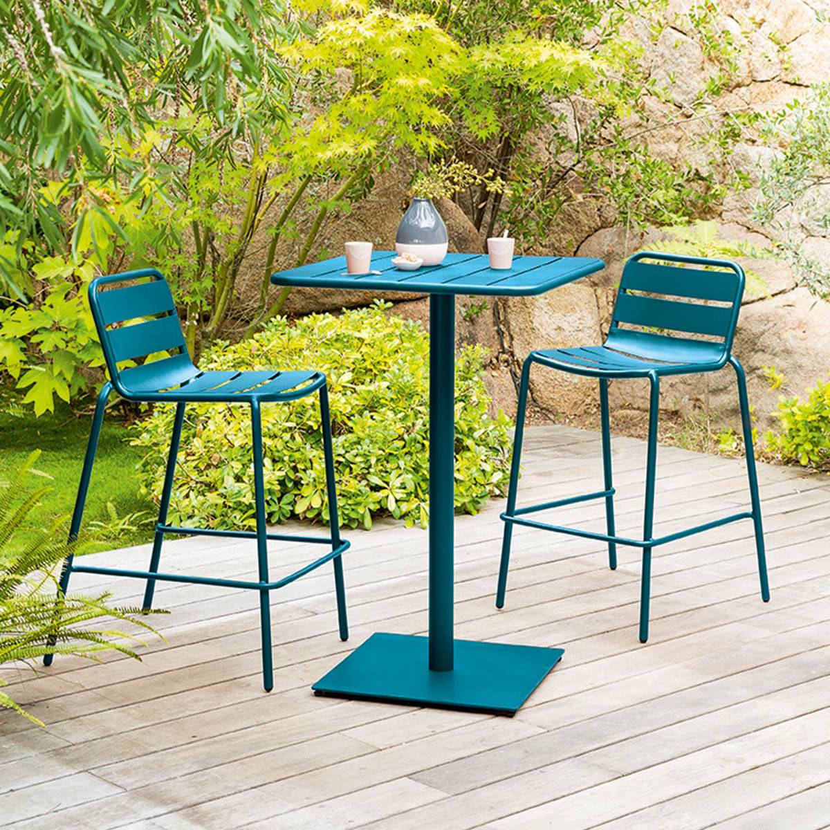 Table Pliante Ronde Jardin Greensboro Bleu Canard - 60 Cm Pliable - Acier Anti-rouille 2 Places