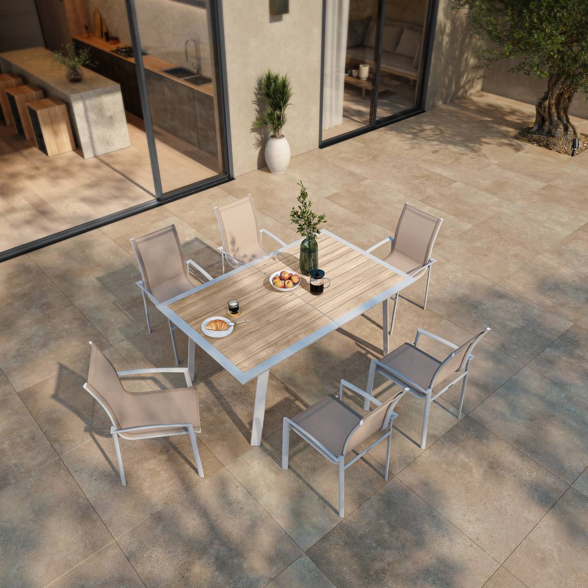Sedia da giardino con braccioli impilabile AXANT Lino / Bianco Alluminio trattato con epossidica, Texaline Lino / Bianco