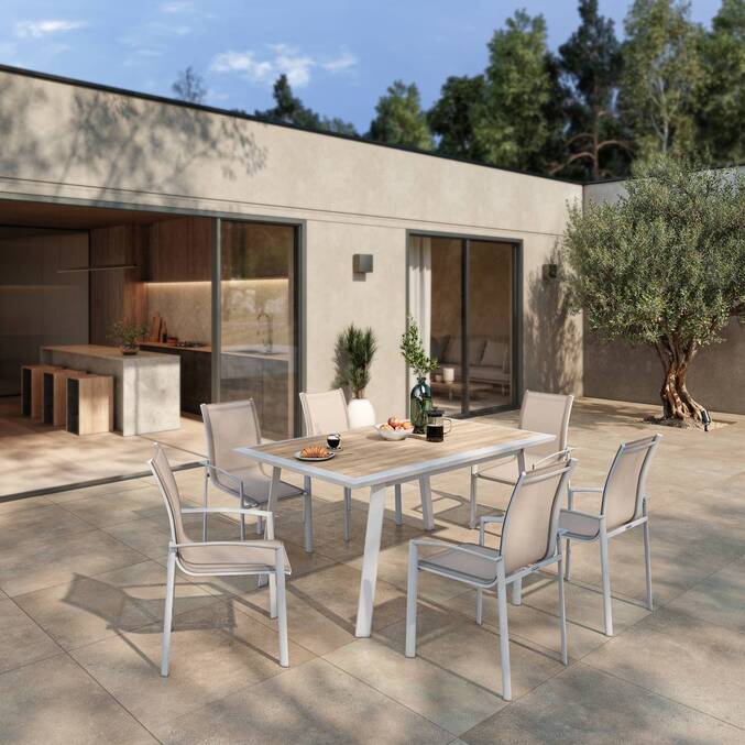 Sedia da giardino con braccioli impilabile AXANT Lino / Bianco Alluminio trattato con epossidica, Texaline Lino / Bianco