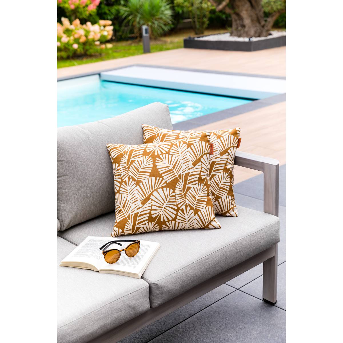 Cuscino decorativo da esterno FYLIE Palma / Cammello 40 x 40 cm - Poliestere Cammello