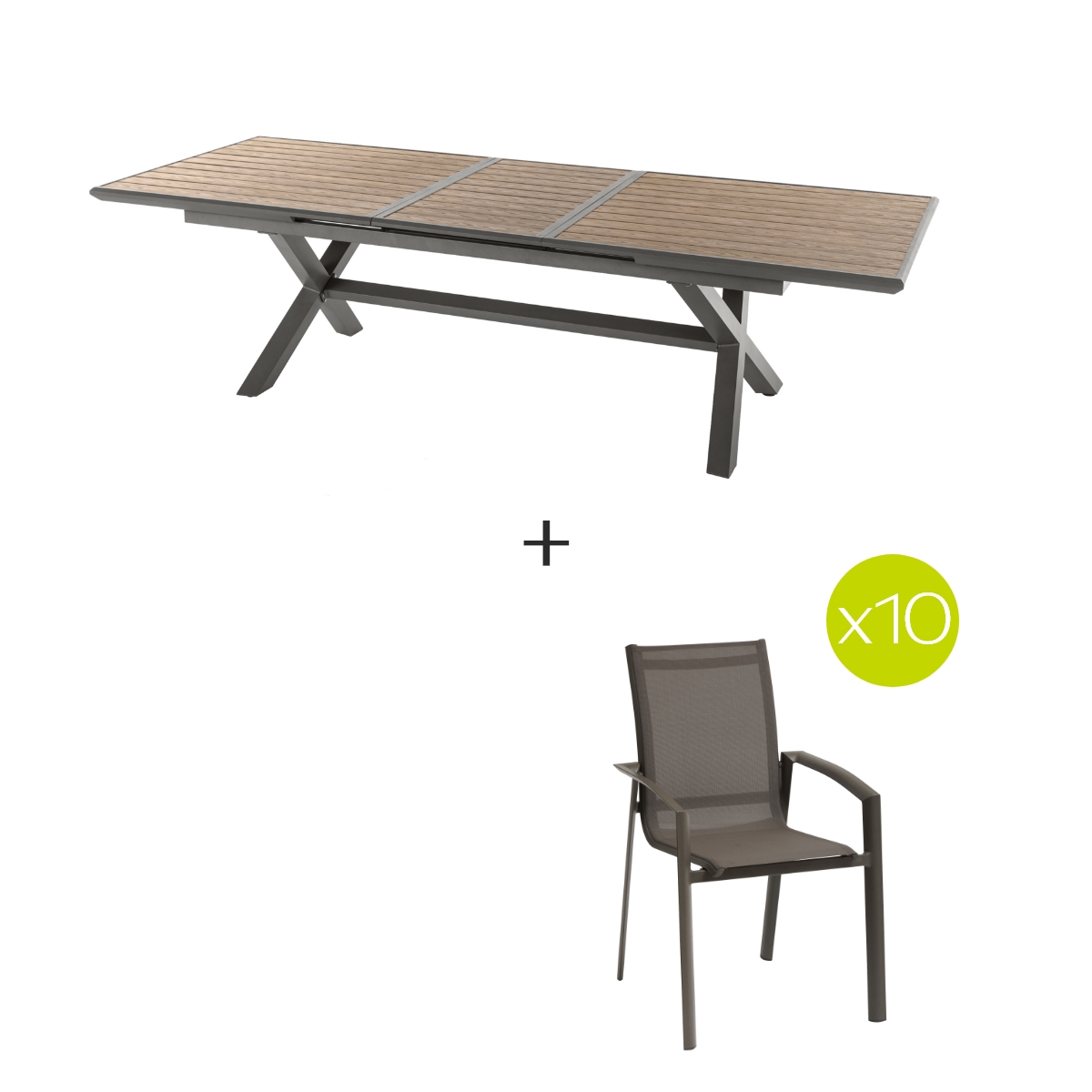 Tavolo da giardino AXIOME Effetto legno miele + 10 poltrone AXANT 1 tavolo allungabile per 10 persone e 10 sedie impilabili Miele / Pralina