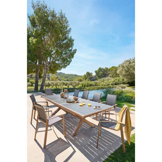 Sedia da giardino con braccioli impilabile AXANT Grigio pepe / Miele Alluminio trattato con epossidica, Texaline Grigio pepe / Miele