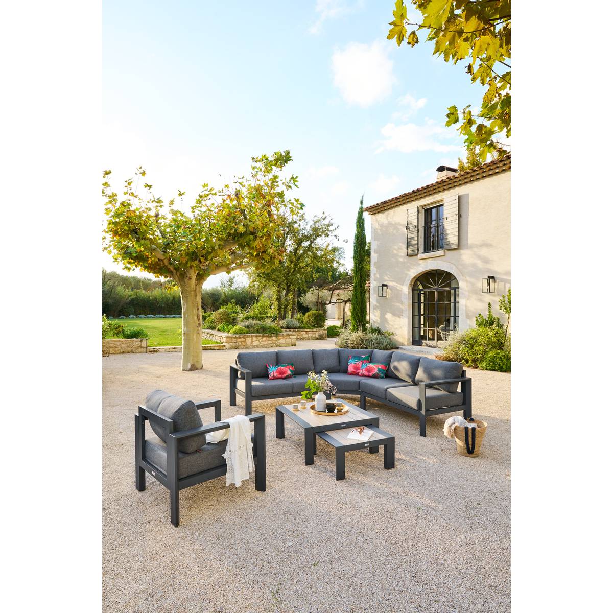 Tavolino da salotto da giardino quadrato ÉVASION Grafite / Miele 67 x 67 x 31 cm - Alluminio rivestito in epossidica Grafite / Miele