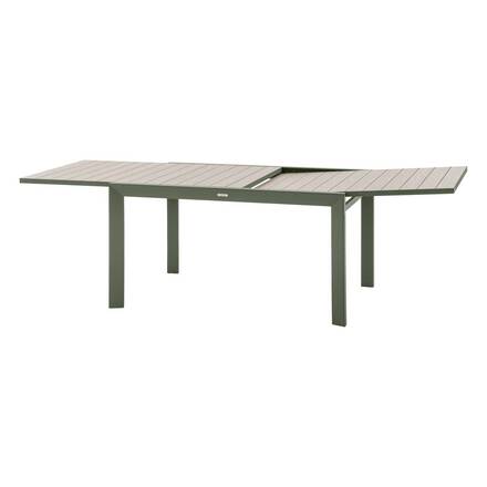 Tavolo da giardino allungabile scorrevole ÉVASION Effetto legno Lino / Verde alloro 10 posti - Alluminio trattato con epossidica, doghe in alluminio effetto legno