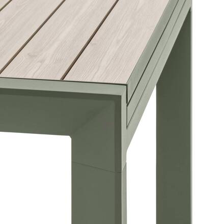 Tavolo da giardino allungabile scorrevole ÉVASION Effetto legno Lino / Verde alloro 10 posti - Alluminio trattato con epossidica, doghe in alluminio effetto legno