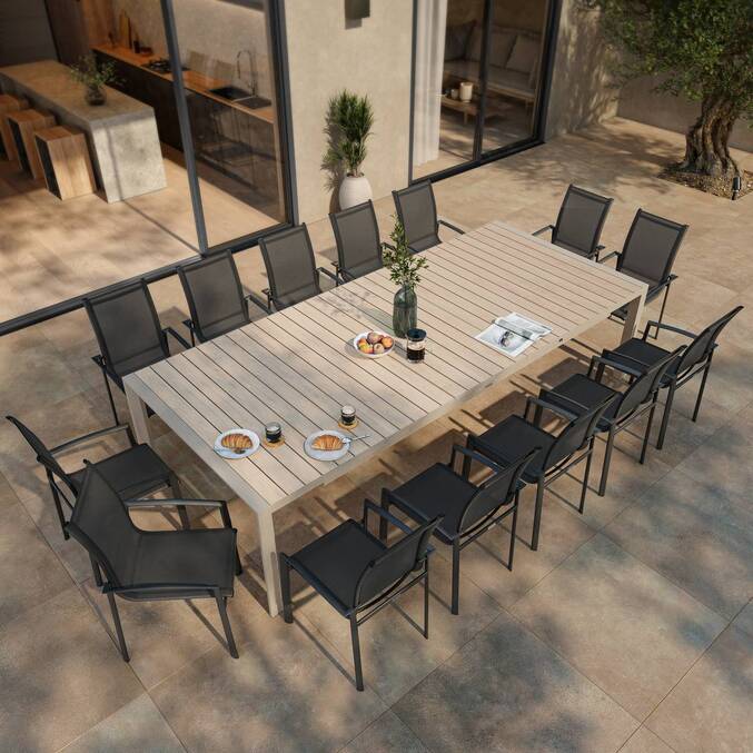 Tavolo da giardino allungabile ÉVASION Effetto legno Lino / Argilla 14 posti - Alluminio trattato con epossidica, Doghe in alluminio effetto legno Effetto legno Lino / Argilla