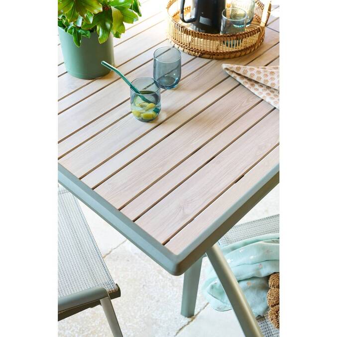Tavolo da giardino DILORS Effetto legno Lino / Verde alloro 10 posti - Alluminio rivestito in epossidico Effetto legno Lino / Verde alloro