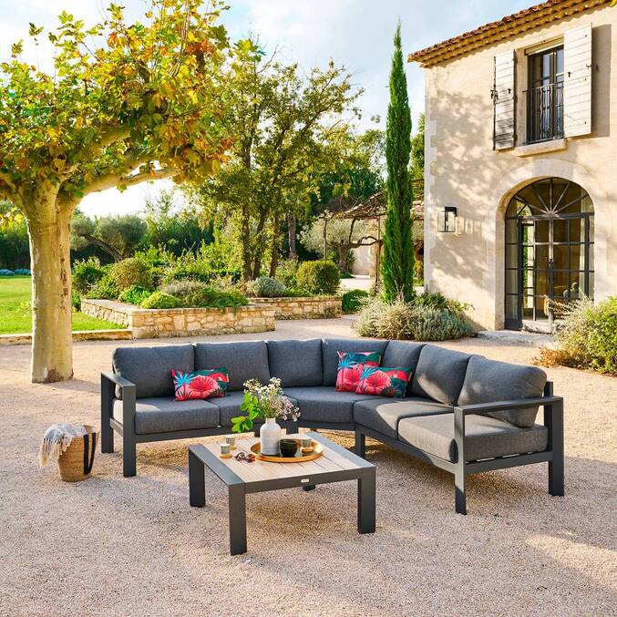 Divano angolare da giardino ÉVASION Grafite / Miele 5 posti - Alluminio trattato con epossidica, Olefina Grafite / Miele