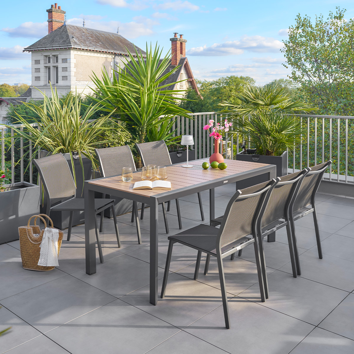 Tavolo da giardino ÉVASION Miele & Grafite + 6 sedie impilabili ESSENTIA 1 tavolo da giardino 6 posti e 6 sedie impilabili Miele / Grafite