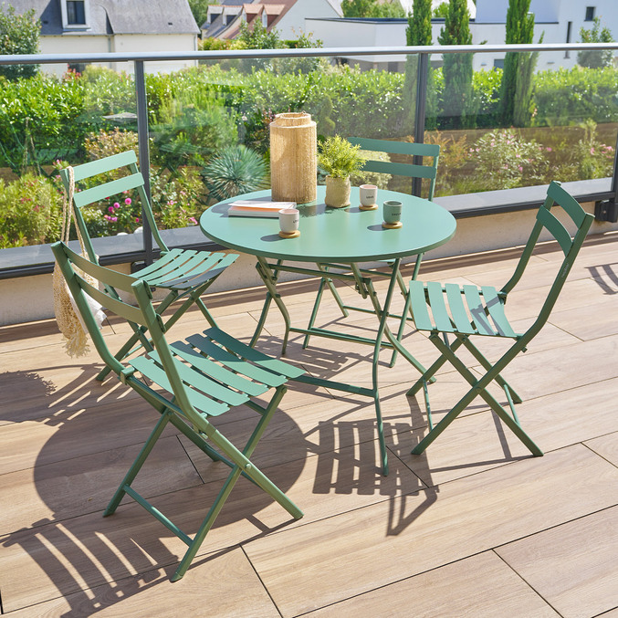 Tavolo da giardino rotondo Verde oliva + 4 sedie impilabili GREENSBORO 1 tavolo da giardino rotondo 4 posti e 4 sedie impilabili Verde oliva