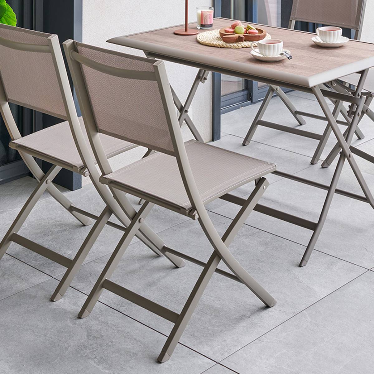Set di 4 sedie da giardino pieghevoli ESSENTIA Nocciola / Caffè Acciaio trattato con epossidica, Alluminio trattato con epossidica, Texaline Nocciola / Caffè