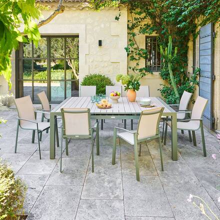 Tavolo da giardino rettangolare allungabile ÉVASION Lino / Verde alloro 10 posti - Alluminio rivestito in epossidico