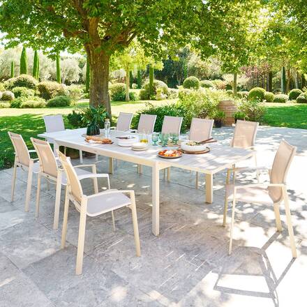 Tavolo da giardino quadrato allungabile ÉVASION Lino / Argilla 12 posti - Alluminio rivestito in epossidico
