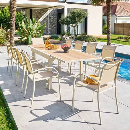 Tavolo da giardino rettangolare allungabile PIAZZA Farro / Argilla 10 posti - Alluminio trattato con epossidica, Vetro temperato