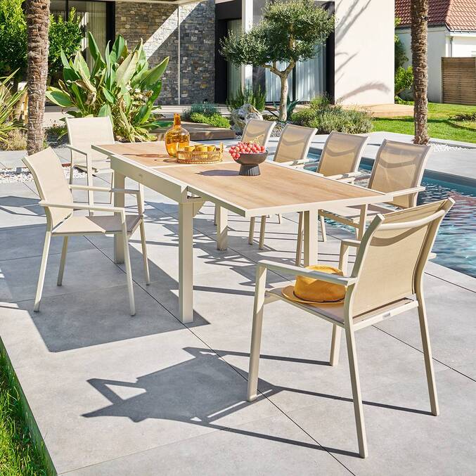 Tavolo da giardino rettangolare allungabile PIAZZA Farro / Argilla 10 posti - Alluminio trattato con epossidica, Vetro temperato3884