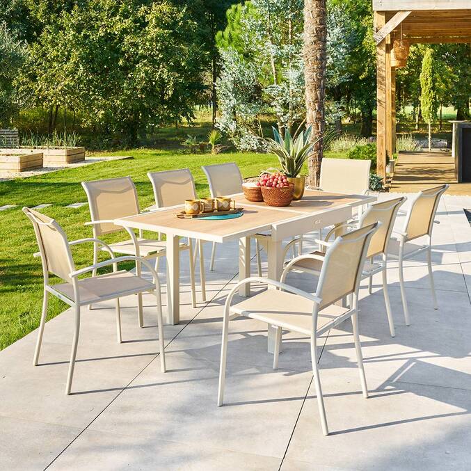 Tavolo da giardino quadrato estensibile PIAZZA Farro / Argilla 8 posti - Alluminio trattato con epossidica, Vetro temperato3884