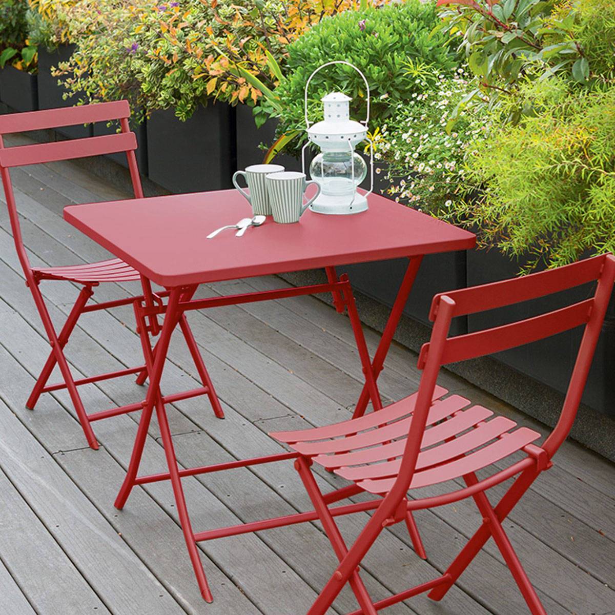 Mesa de jardim quadrada dobrável GREENSBORO Groselha 2 lugares - Aço tratado com epóxi, Tratamento anticorrosão reforçado Groselha