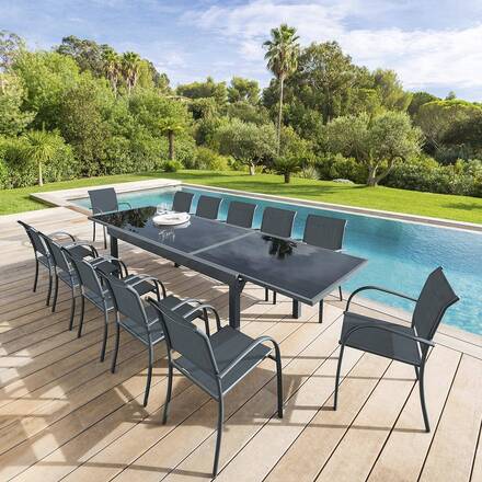 Mesa de jardim extensível PIAZZA Grafite 12 lugares - Alumínio com tratamento epóxi, Vidro temperado