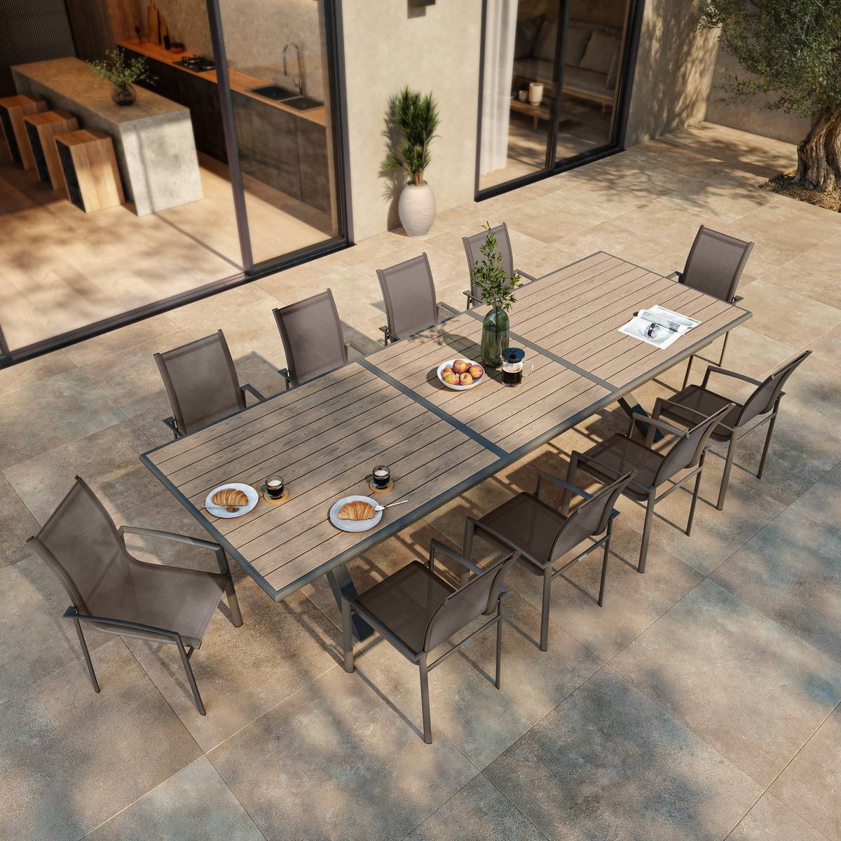 Mesa de jardim extensível AXIOME efeito madeira Honey / Praline 12 lugares - Alumínio tratado com epóxi Mel / Praliné