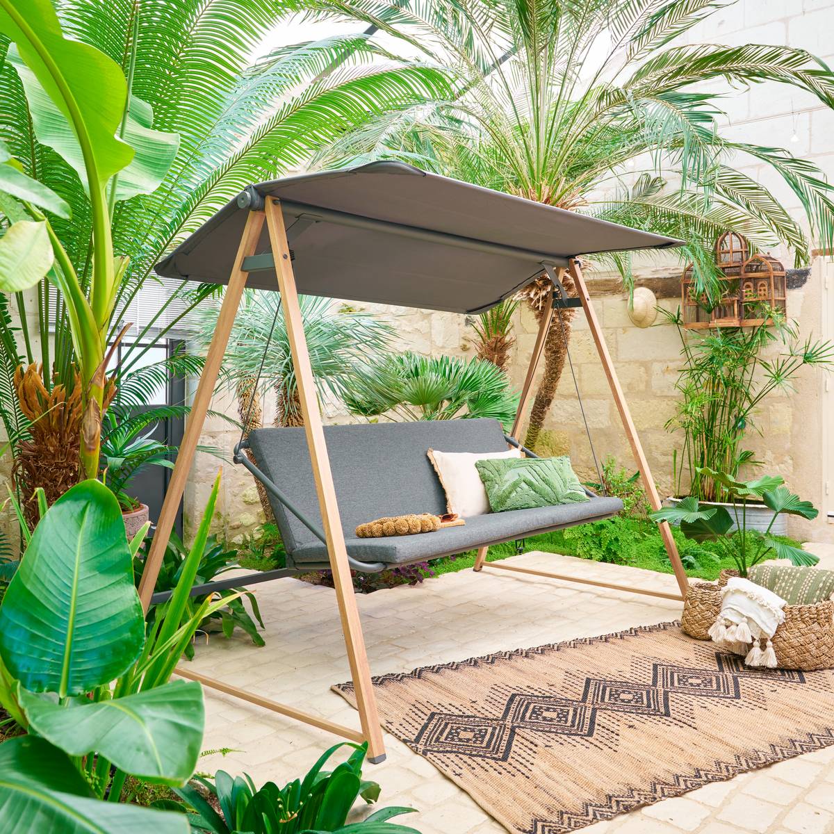 Baloiço de jardim SOLY Mel / Carvão 3 lugares - Aço com tratamento epóxi, Poliéster Mel / Carvão